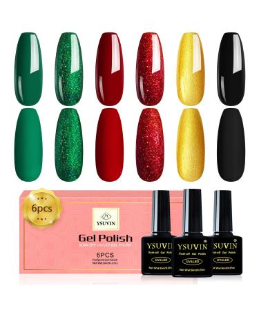 Yueshop Christmas Green Red Collection Gel Nail Polishes Set 6Pcs Glitter Green Red Gold Black Nail Polish Soak off UV LED Lamp Nail Varnish for Nail Art Salon DIY at Home 8ML
