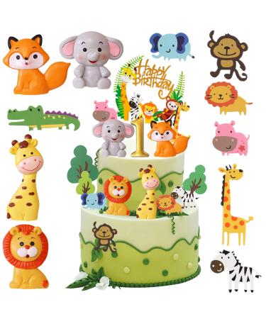 16 pieces Tortendendeko 1st birthday Safari Zoo Jungle Tortendeko Forest Animals Happy Birthday Kuchendeko Waldtiere Figures Cake Topper 1st birthday cake decoration for 1 year young girl 1 year jungle