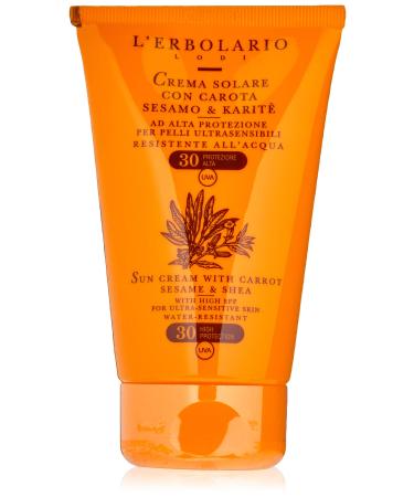 L'Engolario sunscreen for face and body for particularly sensitive skin with carrot sesame and shea butter high protection water resistant SPSF 30 suitable for children's skin size: 125 ml