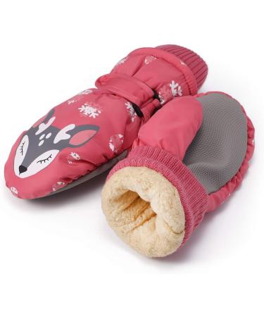 Flammi Kids Winter Ski Mittens for Girls | Warm & Water-Resistant Snow Gloves | Reindeer Design | Dark Pink | Ages 2-8 - Buy Online on SooperMarket.com