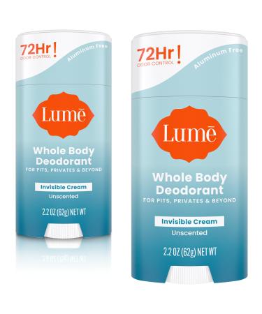 Lume Whole Body Deodorant - Invisible Cream Stick - 72 Hour Odor Control - Aluminum Free Baking Soda Free Skin Safe - 2.2 Ounce (Pack of 2) (Unscented) Unscented 2.2 Ounce (Pack of 2)
