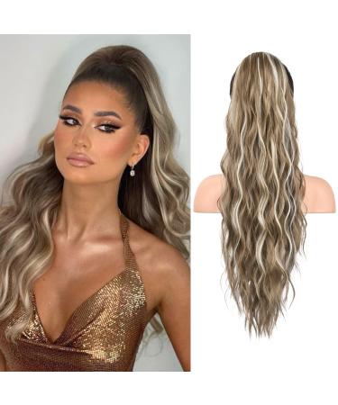 REECHO Ponytail Extension 26" Long Beach Wave Drawstring Pony Hair Extension Synthetic Pony Tail Hairpiece for Women - Ash Brown with Platium Highlights
