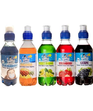 Snowy Cones Snow Cone Syrup 5x250ml Most Popular Flavours Can be Used in any Snow Cone machine Blue Bubblegum Strawberry Pineapple Lem & Lime Grape