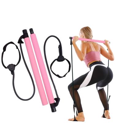 Glkeby pilates stick fold pilates stick tension rope adjustable yoga flexibility practice arm strength waist leg exercise 2-part pink