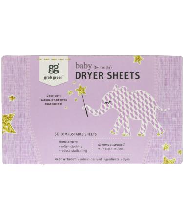 Grab Green Dryer Sheets Baby Dreamy Rosewood with Essential Oils 5+ Months 50 Compostable Sheets