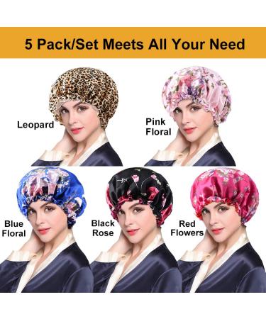 5pcs Double Layer Reversible Satin Bonnet for Black Women - Large Drawstring Silk Hair Cap for Curly Hair, Braids - B Floral/Leopard Print - Buy Online on SooperMarket.com