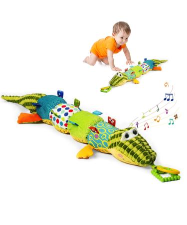 Jollybaby Baby Infant Sensory Musical Stuffed Animal Toys with Crinkle, Rattle and Multi-Textures,Tummy time Toys for 0-3-6-12 Months Newborn Boys,Girls,Crocodile & Alligator Green-Alligator
