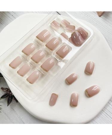 French Gold Glitter Short Square Press on Nails - 24Pcs Acrylic Full Cover Glossy Nude Tips for Women and Girls - Buy Online on SooperMarket.com