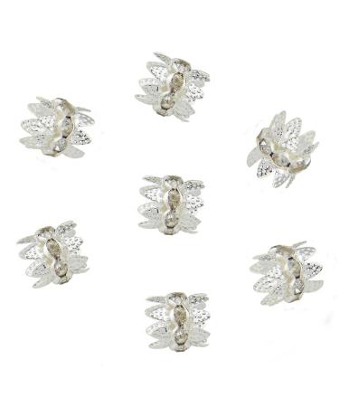 Coiris 30PCS 10mm Silver Plated Double Beads Caps with Rhinestone Filigree Flower Cup for Jewelry Making DIY (HT-1000-1)
