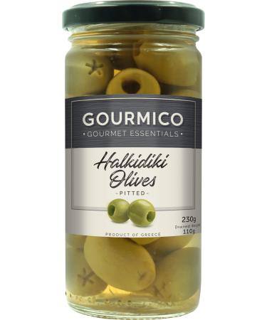 GOURMICO Halkidiki Green Pitted Olives An Ideal Condiment for Salads Pizza & Pasta or Partnered with Martini's and Other Cocktail Drinks. Suitable for Vegetarians 230g Glass Jar