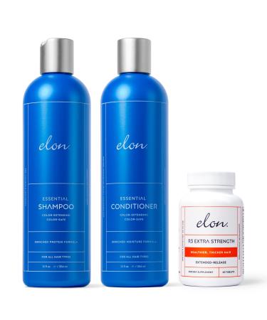 Elon Complete Hair Care Kit for Thinning Hair Moisture Therapy Shampoo & Conditioner Set + R3 Extra Strength Hair Growth Supplement -Suitable for All Hair Types NO Sulfates Parabens or Phthalates Shampoo & Conditioner Set + R3 Supplement