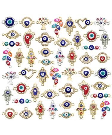50pcs Evil Eye Beads Charms for Jewelry Making Assorted Evil Eye Connector Rhinestone Diamond Link Charms for Women Bracelet Earring Necklace DIY Craft (M703)