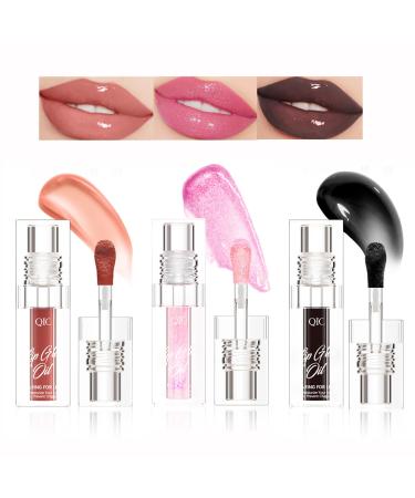 Petansy Magic Color Changing Lip Oil Plump Oil Lip Gloss Hydrating Lip Oil Clear and Natural 3 Colors Big Brush Lip Tint Set
