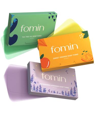 FOMIN - Antibacterial Paper Soap Sheets for Hand Washing - (Pack of 3) Orange, Tea Tree, Lavender Portable Travel Soap Sheets, Dissolvable Camping Mini Soap, Portable Soap Sheets variety pack