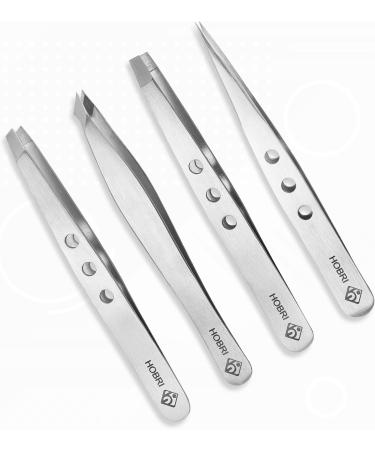 Professional Stainless Steel Eyebrow Tweezers Set - 4 Pieces with Travel Case by Hobri International - Perfect Beauty and Personal Care Tool - Buy Online on SooperMarket.com