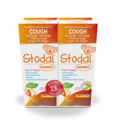 Boiron Stodal honey cough syrup pack of 2 boxes used for dry or wet cough irritating cough or cough with phlegm. From 1 to 11 years old. 2x200ml.