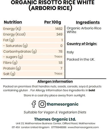 Thames Organic 1kg Organic Risotto Rice - Non-GMO, Vegan, Additive and Preservative-Free, Resealable Bag - Buy Online on SooperMarket.com