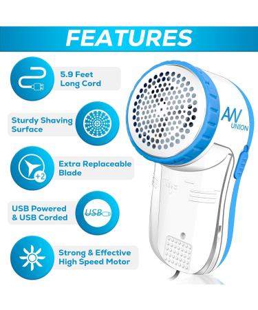 AW Union USB Powered Fabric Shaver & Lint Remover – Efficiently Remove Lints from Clothes Upholstery | 70 Cord & 2 Replacement Blades – Blue - Buy Online on SooperMarket.com