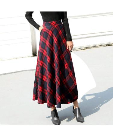 Sanahy Women's Plaid Wool Maxi Skirt - XL Red | High Elastic Waist A-line Winter Flare Skirt with Pockets - Buy Online on SooperMarket.com