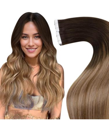 Laavoo 60cm tape extensions real hair balayage brown real hair extensions tape darkest brown balayage medium brown with golden brown real hair extensions tape invisible 50g 20pcs #2/6/10