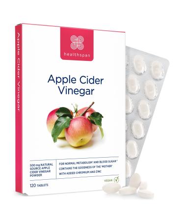 Healthspan Apple Cider Vinegar 500mg | 120 Tablets | Friendly Bacteria | Metabolism Support | Added Zinc & Chromium | Vegan