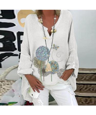 Cotton Linen Women's Summer Loose Fit Long Sleeve Shirt | Plus Size Casual Beach Blouse | H-White 5X-Large - Buy Online on SooperMarket.com