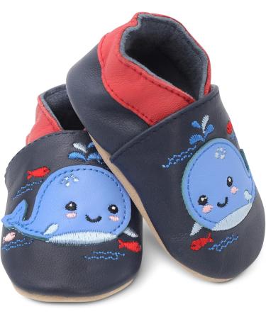 Dotty Fish Soft Leather Toddler Shoes | Non-Slip Animal Designs for Boys & Girls | Navy Whale | 3-4 Years - Buy Online on SooperMarket.com