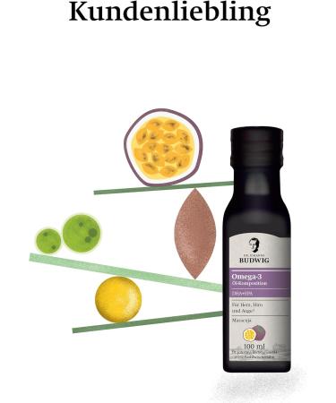 Dr.Budwig Omega 3 DHA+EPA Maracuja (100ml) - Vegan Liquid Algae Oil for Kids & Adults - High EPA & DHA Linseed Oil Blend - Buy Online on SooperMarket.com