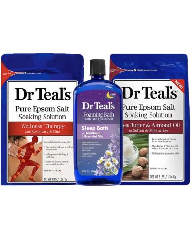 Dr Teal's Salt & Foam Bath Variety Gift Set (3 Pack 130oz Total) - Rosemary & Mint Shea Butter & Almond Oil & Melatonin Foam Bath - Essential Oils Relieve Aches & Alleviate Daily Stress at Home