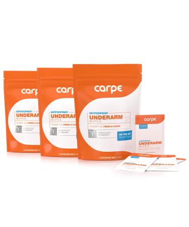 Carpe On-the-Go Antiperspirant Underarm Wipes (Pack of 3 Boxes) for Sweat Blocking Deodorizing and Cleansing When You're On the Move - 45 Residue Free Individually Wrapped Wipes 15 Count (Pack of 3)