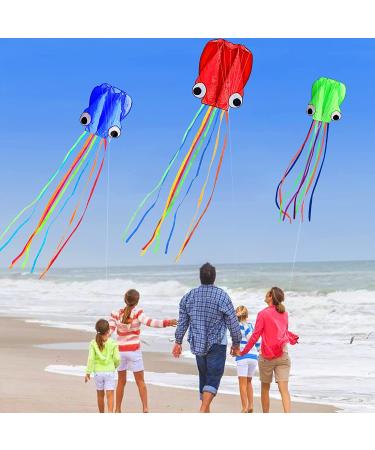 Hengda Kite Pack: 3 Colors Easy Flyer Octopus Kite for Kids - Large 31 Wide with Long Tail - Beach or Park Fun - Red, Green, Blue - Buy Online on SooperMarket.com