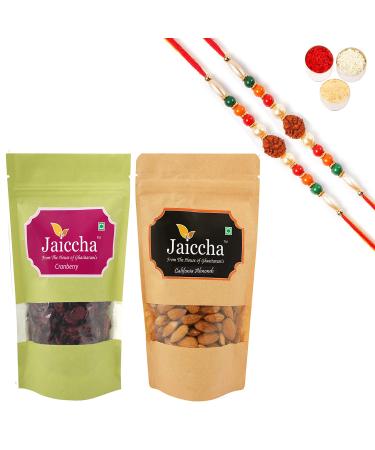 Jaiccha Ghasitaram Rakhi Gifts for Brothers Rakhi Dryfruits - Cranberry 100 GMS and Almonds 100 GMS Pouch with 2 Rudraksh Rakhis