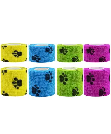 Vet Wrap for Dogs 8 Rolls Dog Bandages for Paws Self Adhesive Bandage with Breathable and Stretchable Fabric for Wrist Ankle Sprains & Swelling - 4 Colors with Dog Paw Pattern