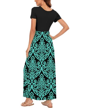 YUNDAI Women's Maternity Maxi Dress | Floral Loose Long Summer Dress with Pocket | Plus Size Short Sleeve | Blue Green - Size L - Buy Online on SooperMarket.com