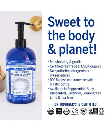 Dr. Bronner's Organic Sugar Soap (Peppermint 24oz) - 4-in-1 Vegan Formula for Hands, Body, Face, and Hair - Cleanses, Moisturizes, and Nourishes - Buy Online on SooperMarket.com
