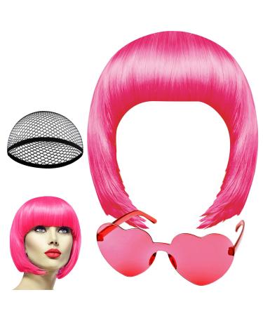 PLULON Peach Pink Bob Wig and Sunglass Set Neon Short Bob Wig Sunglass Pack Costume Colorful Cosplay Wig Hairpieces for Bachelorette Neon Party Favors Halloween Decorations Peach Pink Short