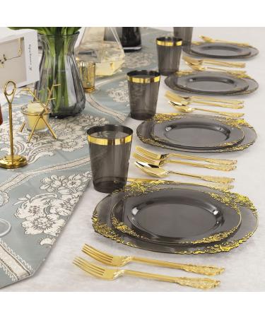 Nervure 175PCS Clear Black & Gold Plastic Plates Set for 25 Guests - Ideal for Parties & Halloween - Buy Online on SooperMarket.com