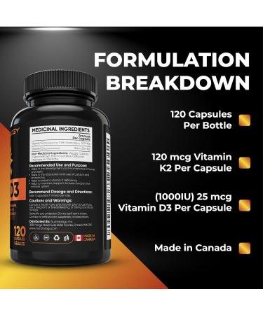 Vitamin K2 + D3 Highest Potency 120MCG/1000 IU - 120 Capsules - Helps Maintain Bone & Teeth Health - Formulated With MK-7 For Best Results - Immune System Support - Made In Canada 120 count (Pack of 1) - Buy Online on SooperMarket.com