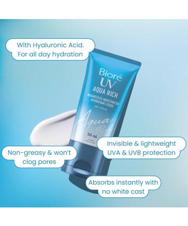 Bior UV Aqua Rich Weightless Moisturizer with SPF 50 | Dermatologist Tested Face Cream with Invisible UV Protection | 50mL - Buy Online on SooperMarket.com