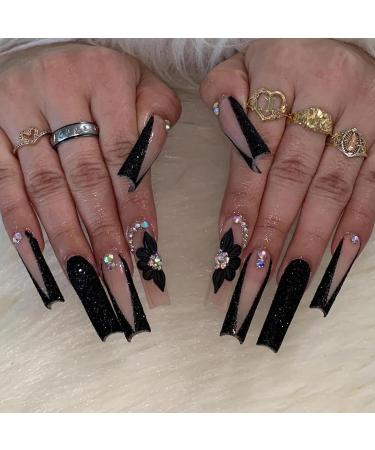 MISUD Press on Nails Long Square Fake Nails Glossy Glue on Nails Bling Black Glitter French Tip Acrylic Nails Flower Rhinestone Artificial Nails Squoval False Nails with Design 24 pcs 04018Black