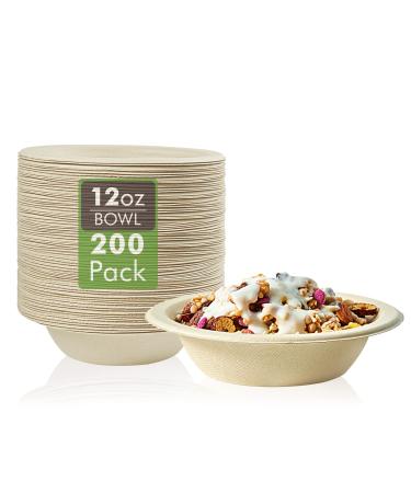 Vplus 200 Pack 12 OZ Paper Bowls Disposable Compostable Bowls Bulk Eco-friendly Bagasse Bowls Heavy-duty Bowls Perfect for Milk Cereals Snacks Salads Nature 12