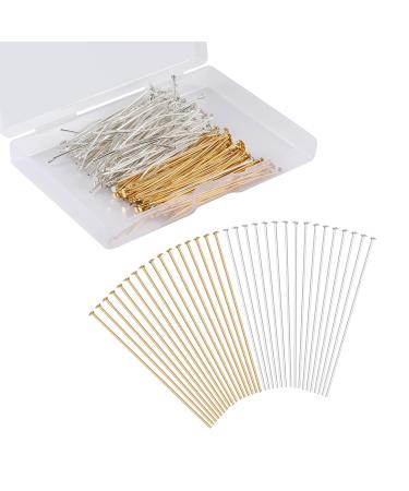 KINBOM 300pcs Straight Head Pins for Jewelry Making Assorted  2inch Long End Head Pins Silver and Gold Jewelry Pins for Beads for DIY Crafts Earring Bracelet Necklace Pendant Supplies (Flat Head Pin) Flat Head Pins