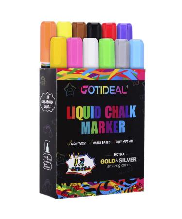 GOTIDEAL Liquid Chalk Markers 12 Colors Premium Window Chalkboard Neon Pens Including 2 Metallic Colors Painting and Drawing for Kids and Adults Bistro & Restaurant Wet Erase - Reversible Tip 12-Color 12 Count (Pack of 1)