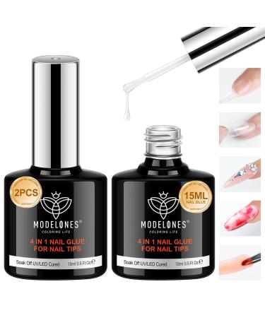Modelones Gel Polish 4 in 1 Nail Glue Base Coat Set for Acrylic Nail 2Pcs 15ml Gel Nail Glue Gel Nail Polish and Rhinestone Blooming Gel Nail Art UV Nail Glue Gel Polish Nail Art