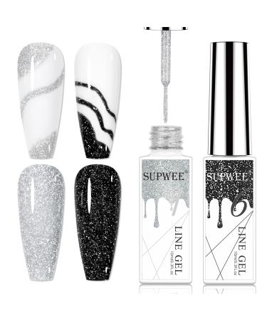 Supwee reflective glitter liner gel polish silver and black gel-liner nail polish set disco-glitter gel-liner nail polish for DIY draw nail angel art design soak off uv-gel 116