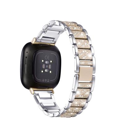 Mtozon Bling Bands Compatible with fitbit Sense/Versa 3, Women Replacement Wristbands Dressy Luxurious Bracelet for Ladies, Silver + Champagne Gold Silver + Champane Gold
