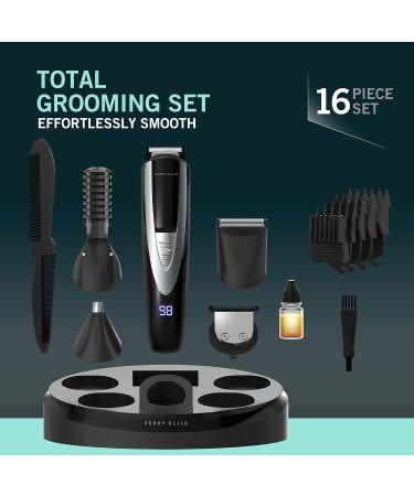 Perry Ellis 16-Piece Mens Grooming Kit - Rechargeable Beard Trimmer Electric Razor for Face Body Nose & Ear - LED Display & Charging Dock - International Shipping Available - Buy Online on SooperMarket.com