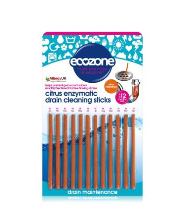 Ecozone Drain Cleaning Sticks Enzymatic Pipe Unblocker Prevents Plug Hole Obstructions & Keeps Water Flowing Freely Natural Vegan & Non Toxic Kitchen & Bathroom Treatment Kit (x 12 1 Year Supply) Citrus