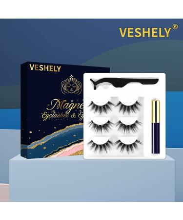 VESHELY Mink Magnetic Eyelashes Kit - 3 Pairs Reusable 3D5D Faux Lashes with Eyeliner | No Glue Needed - Buy Online on SooperMarket.com