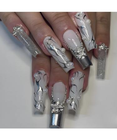 MERVF Long Square Press on Nails Sliver French Tip Fake Nails Press ons Glitter Goth Stick on Nails Full Cover Pearls Rhinestones Acrylic Nails with Swirls Design Squoval False Nails Glossy 24pcs 10 Flame
